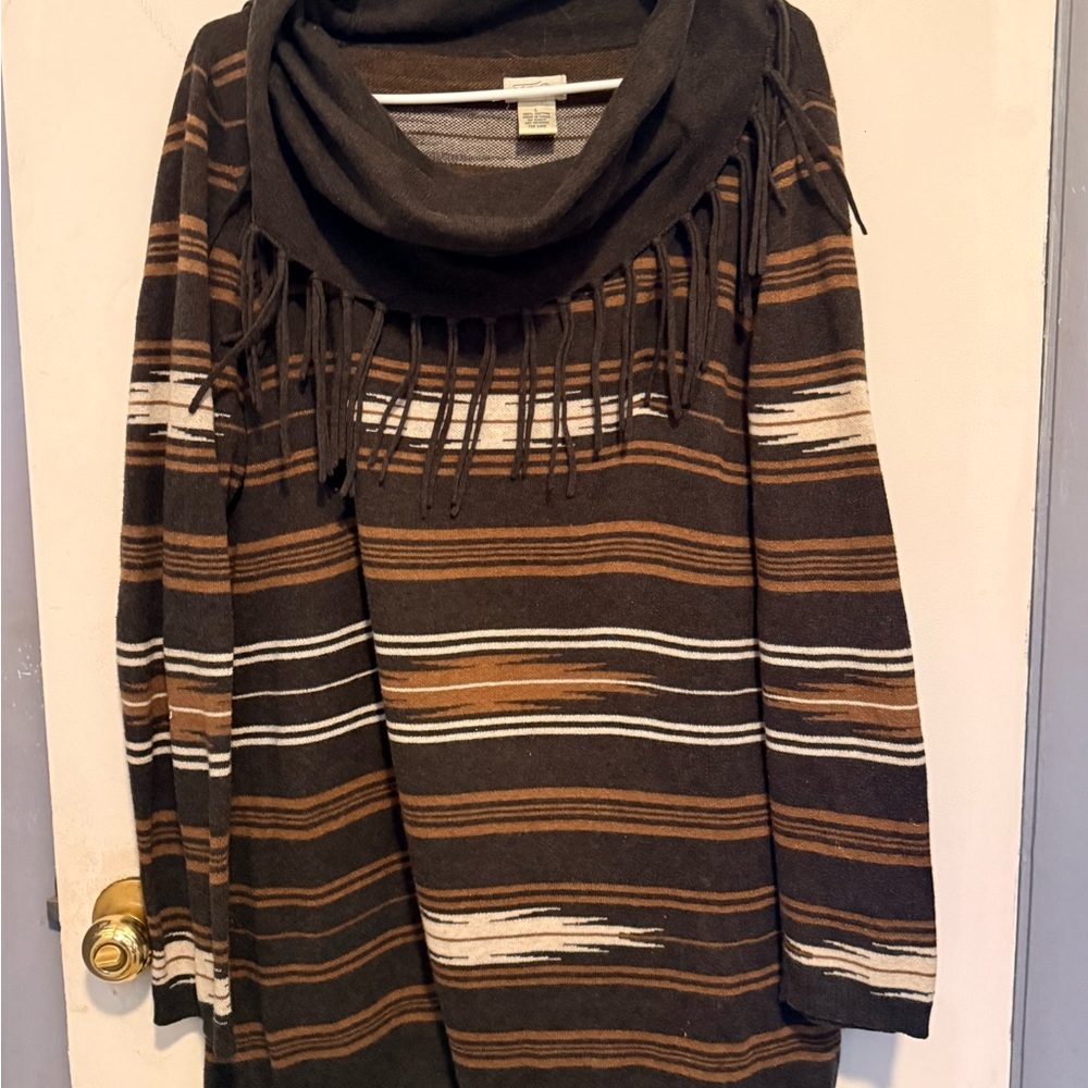 Tasha Polizzi Cozy Brown Stripe Fringe Cowl-Neck Sweater Dress